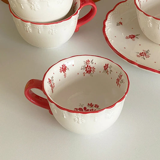 Vintage Red Floral Ceramic Cup