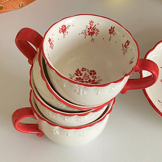 Vintage Red Floral Ceramic Cup