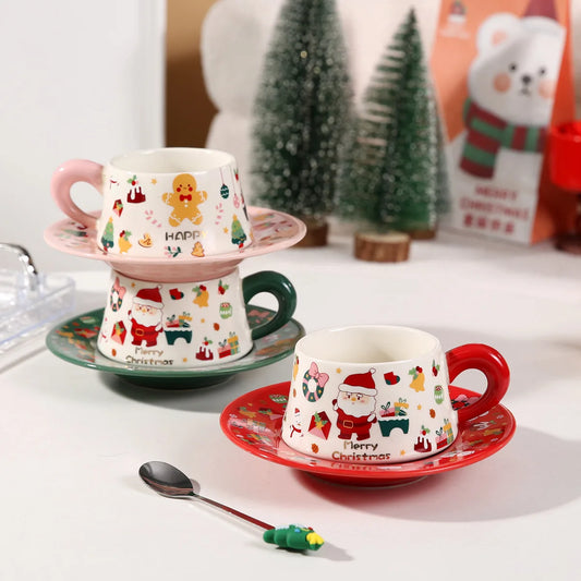 Christmas Ceramic Mug with Saucer and Spoon